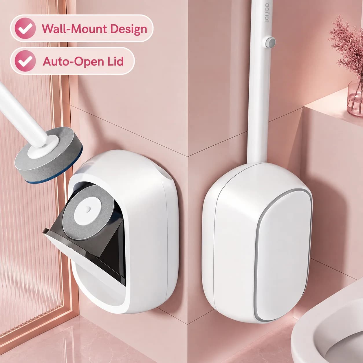 Drill‑Free Wall‑Mounted Toilet Brush With Replaceable Heads, One‑Click Replacement, No‑hand‑dirty Auto‑Open Bracket, Long‑Handle 360° Deep‑Dead‑Angle Bathroom Cleaning Brush