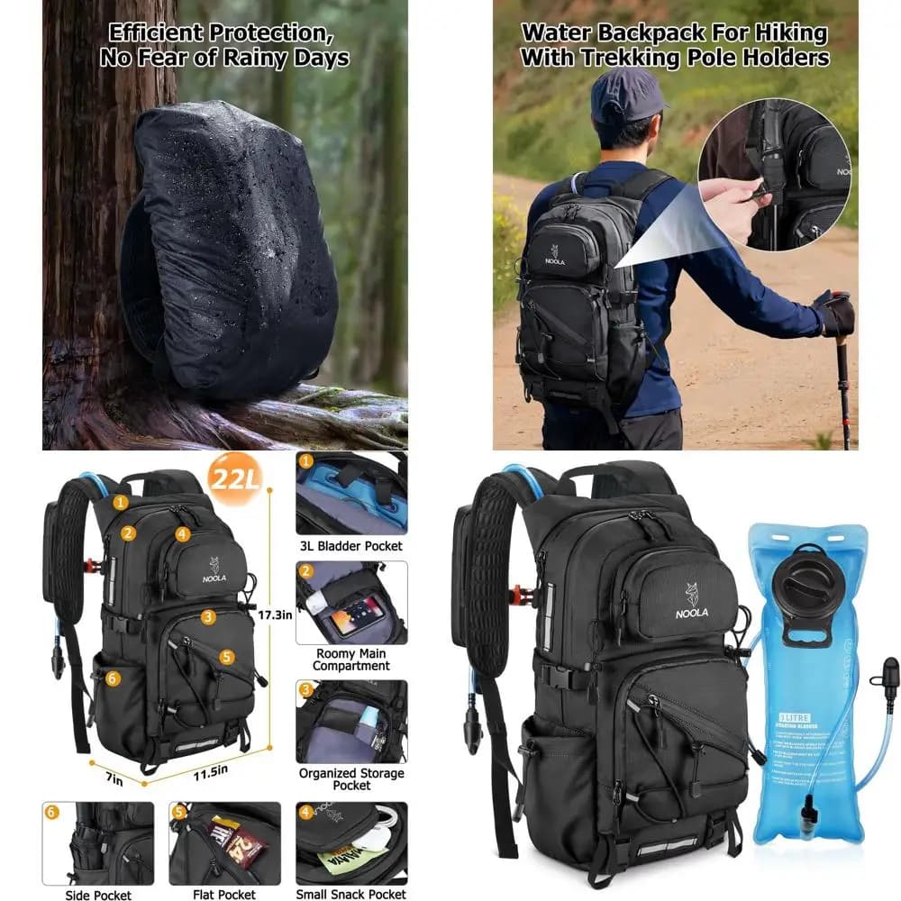 3L Water Backpack - 22L Backpack for hiking, cycling and running with rain cover, pole holders, black
