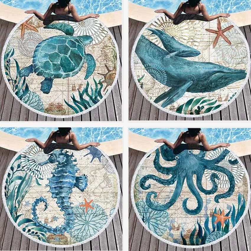Beach towel round sea turtle Underwater World Bath towel for thick shower Microfiber summer yoga mat with tassel