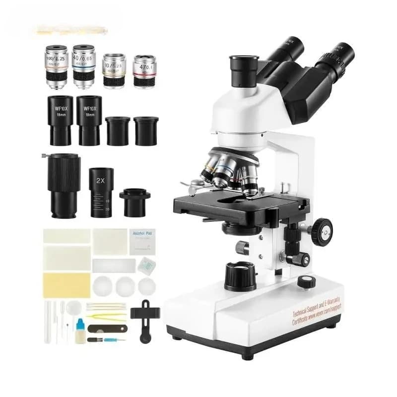 VEVOR Microscopio trinoculare composto Microscopio da laboratorio con ingrandimento 40X-5000X con illuminazione a LED Interfaccia esterna e vetrini