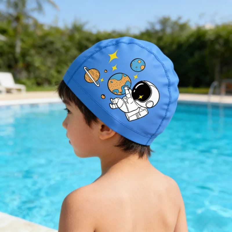 New Baby Cartoon Swimming Hats for Kids and Girls, Waterproof PU, Comfortable, With Eye Protection, Printed Swimming Hats for Kids