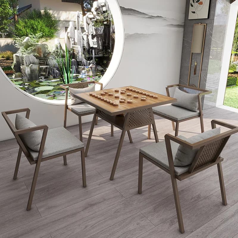 Balcone sopra la disposizione dell'area per il tempo libero, combinazione di tavolo e sedia per scacchi, tavolo per il tempo libero, set da tre pezzi