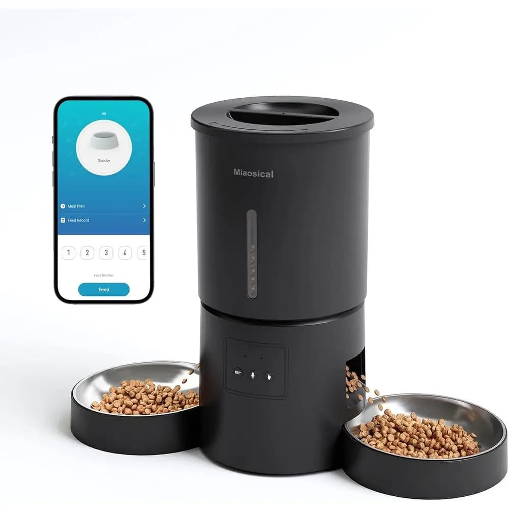 Distributore Automatico di Cibo per Gatti per 2 Gatti, 2.4G WiFi, Temporizzato, con Doppia Ciotola, 4.2L, Controllo Tramite App, Porzioni Uguali