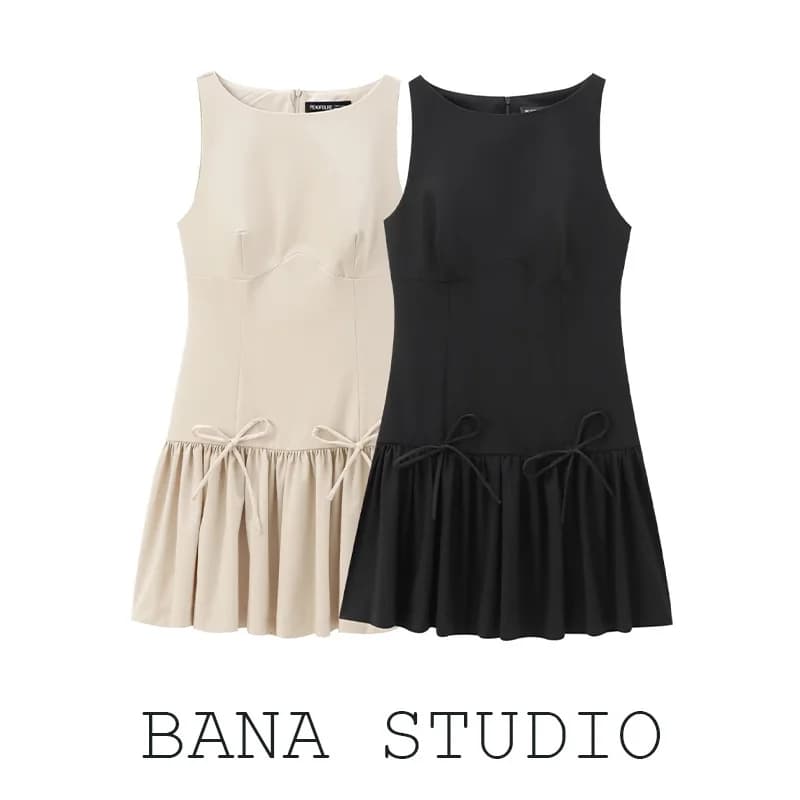 BANA Knot Pleated Sleeveless Women's Dress High Waist Short Skirt OL Style Summer New Arrival Midi Dress