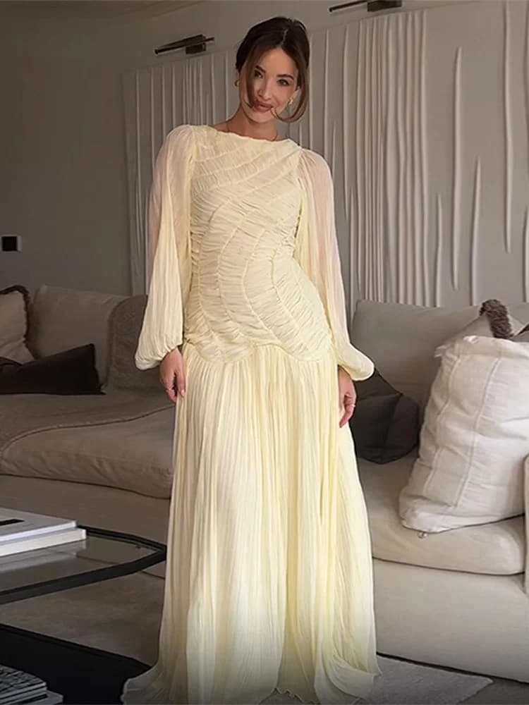 Long pleated dress in yellow elegant woman holiday chiffon with sleeves smurf or neck wide summer fashionable beach dress