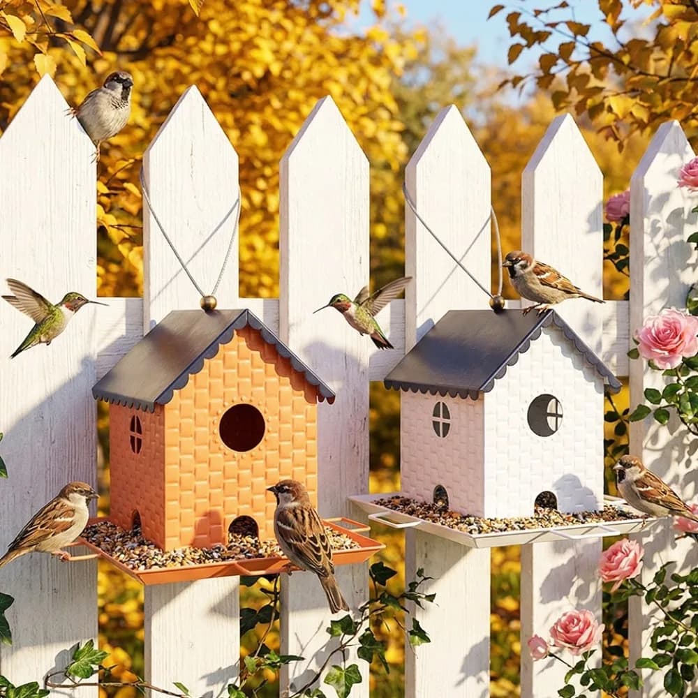 Large Capacity House Shape Bird Feeder Squirrel Proof Leak-Proof Bird Food Container Metal Windproof Hanging Bird Feeder Garden