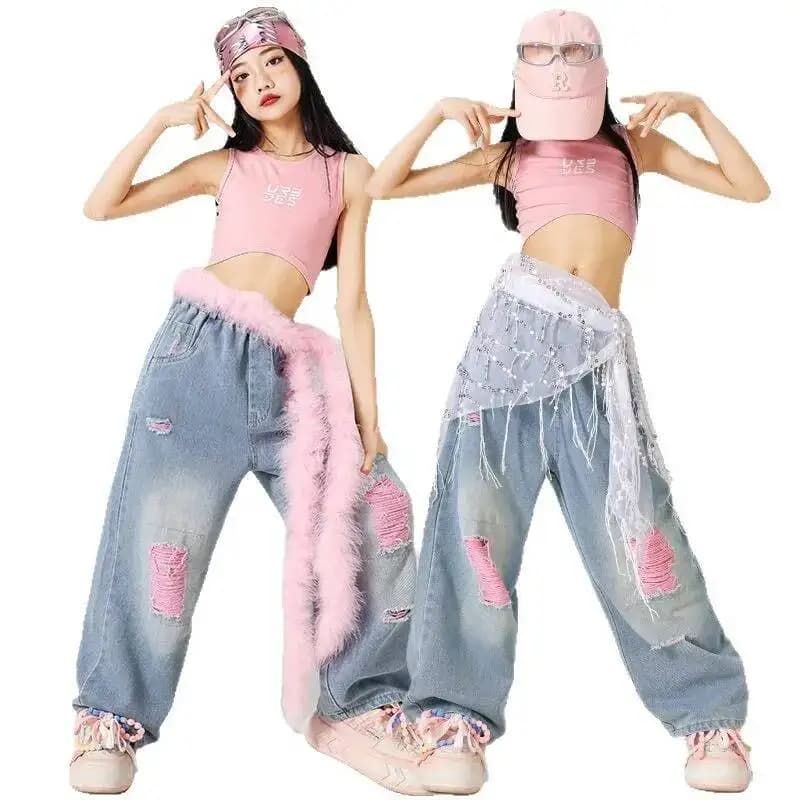 Costume da Spettacolo Jazz per Ragazze, Outfit da Palcoscenico Kpop, Gilet Rosa, Jeans Larghi, Abbigliamento Estivo alla Moda, Vestiti per Danza di Strada per Bambini