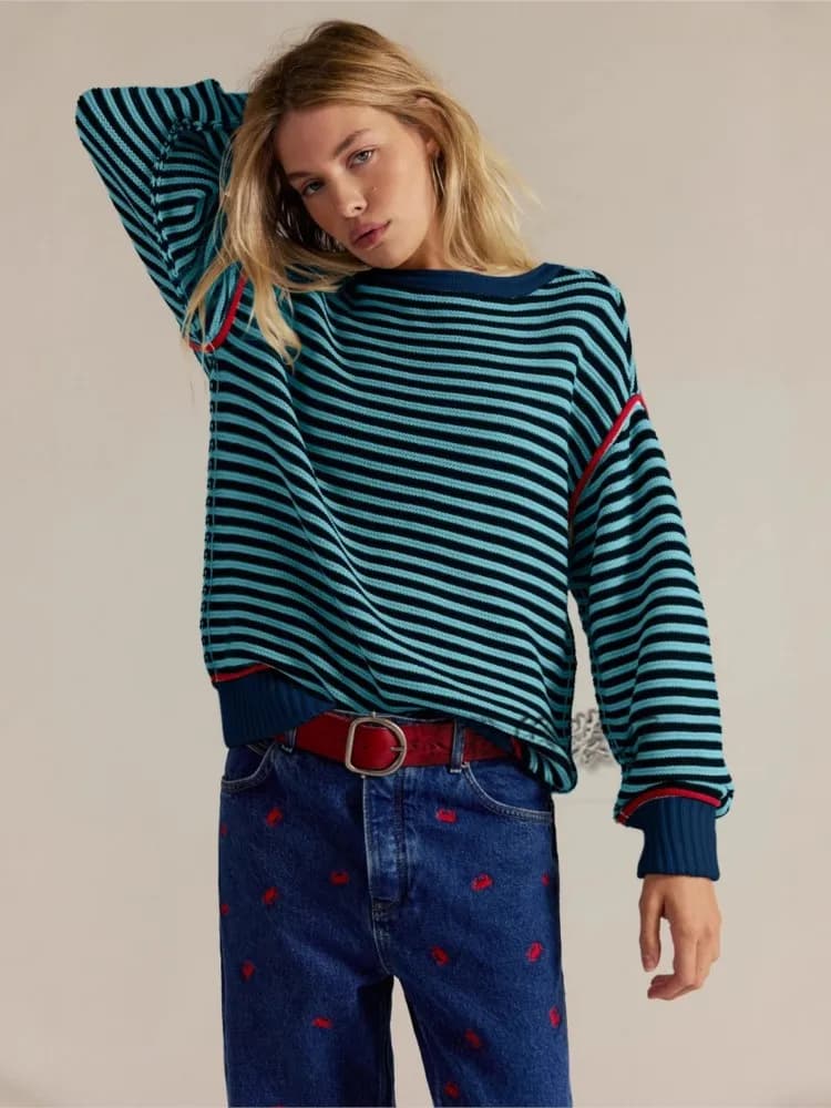 Maglione lavorato a maglia a righe color block per donna Moda O-collo maniche lunghe Pullover allentato Autunno Inverno Lady Casual Maglioni caldi