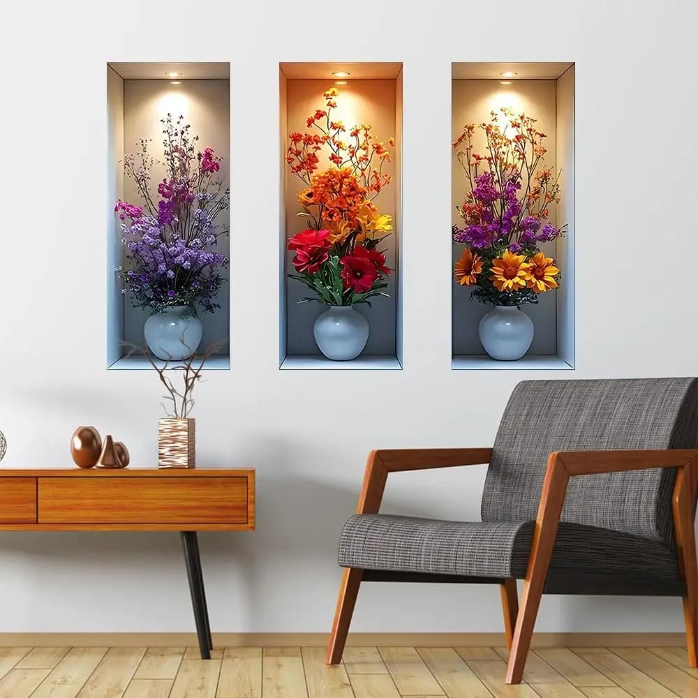 3Pcs Self-Adhesive Flower Wall Sticker Waterproof Removable Vase Wall Sticker Plant Pot Stickers