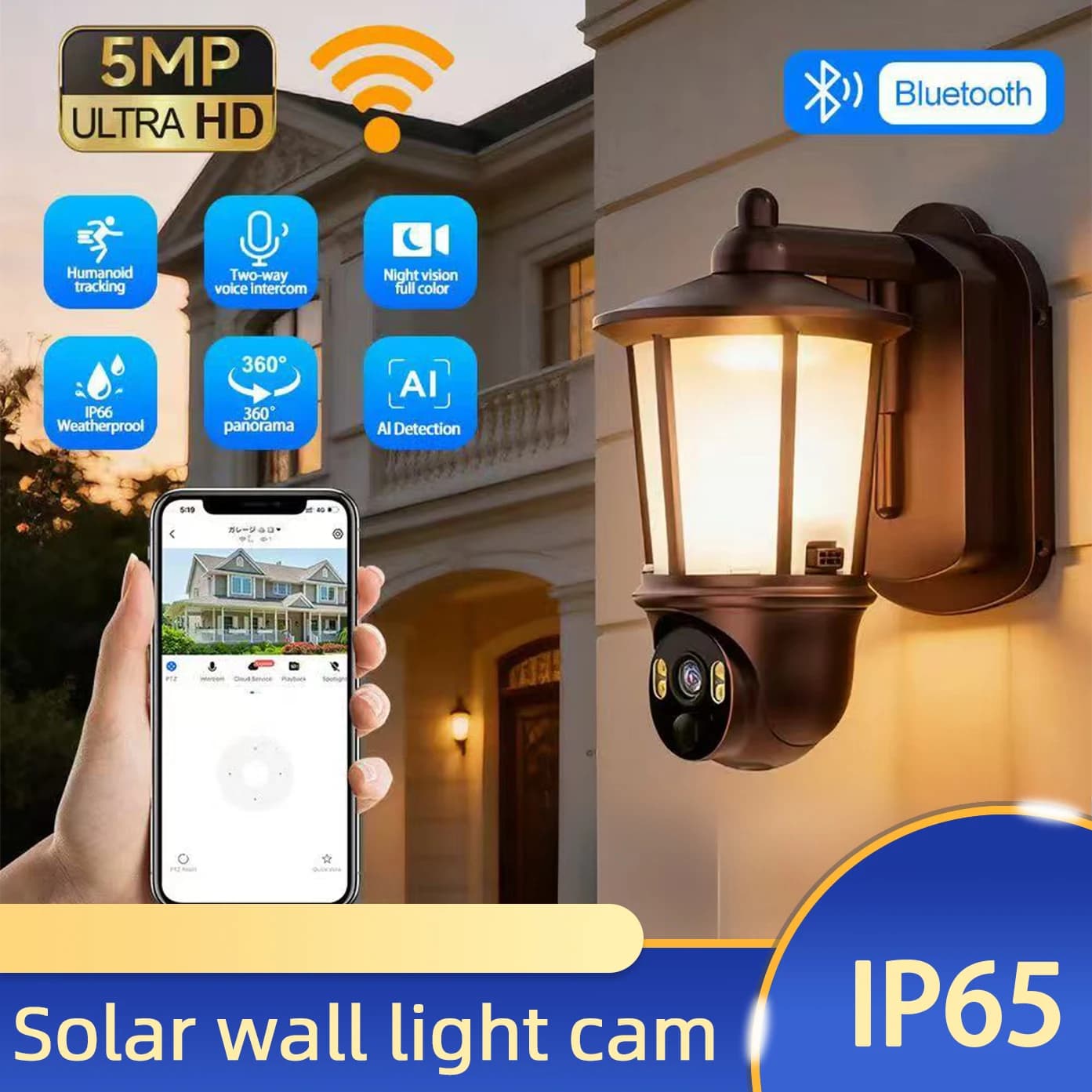 Lampada da Parete LED per Esterni con Telecamera Solare HD WiFi 2.4G, Sensore di Movimento PIR, Allarme, Audio Bidirezionale, Archiviazione Cloud, Sicurezza Domestica CCTV