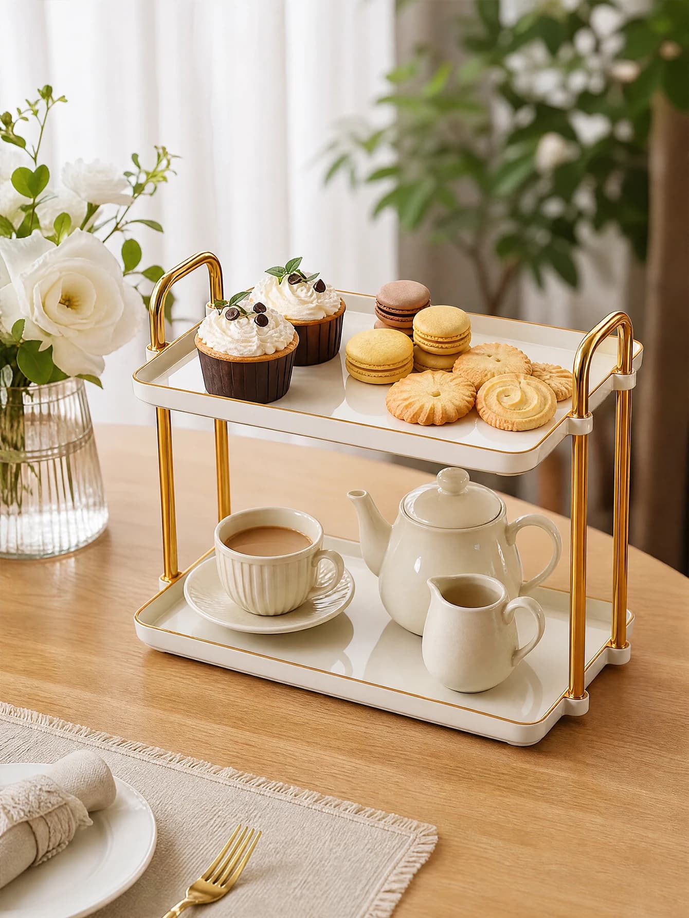 Two-Tier Tray Decor for Fall & Weddings, Food Display Stand for Desserts, Adjustable Serving Tray for Kitchen, Dining Table, Party, Cake Stand. Modern Luxury Design with Handle. Soporte para Pastel.