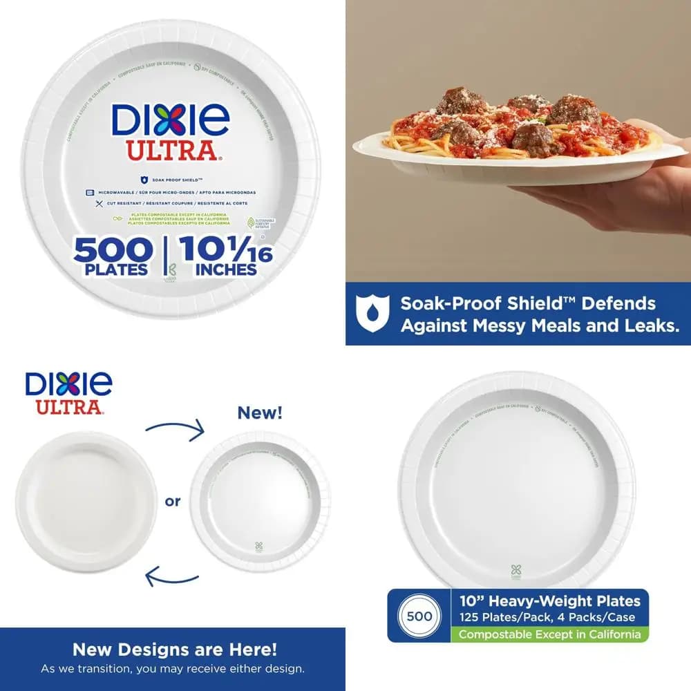Heavy white paper plates 10 1/16 inches, 500 pieces, bulk case, 4 packs, 125 pieces per package, disposable dishes for parts