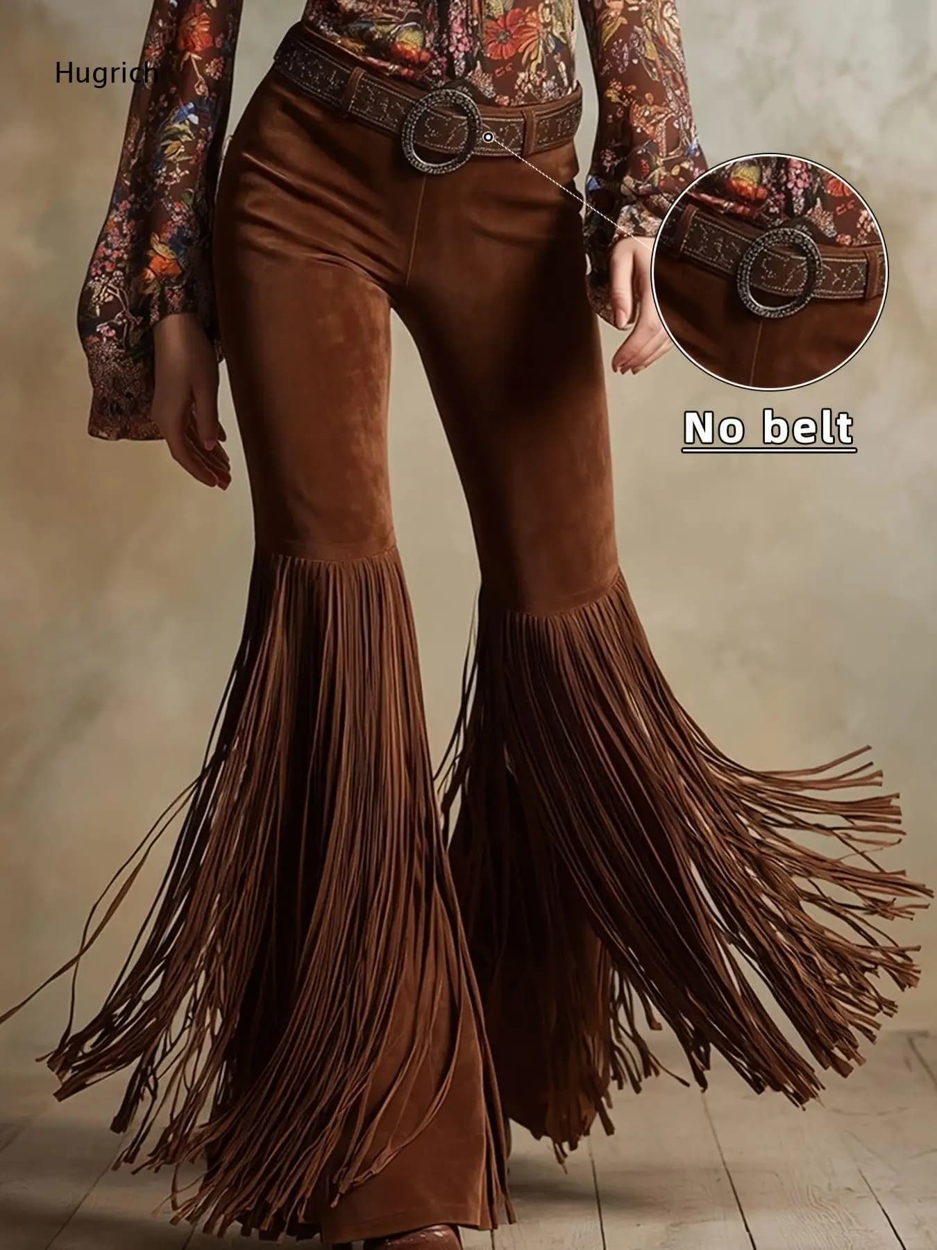 Brown Faux Suede High Waist Long Fringe Flare Bell Bottom Pants Women Retro Western Cowgirl Boho Festival Trousers Without Belt