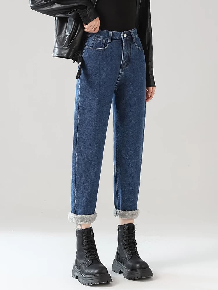 Women's Fleece Lined Thickened Elastic Waist Harem Jeans High Waist Slimming Short Size Dad Pants Winter Casual Cotton Blend