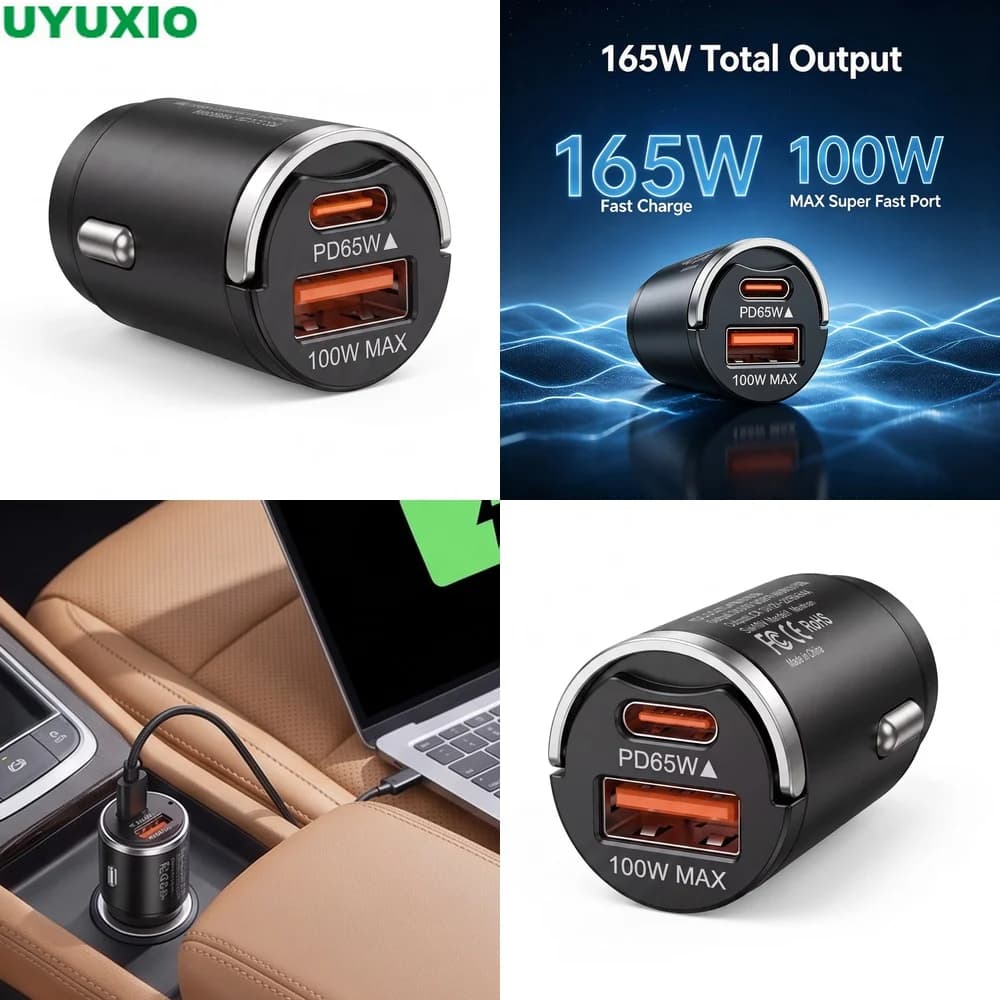 165W Flush Fit Car Charger Short Circuit and Heat Protection with 65W USB C and 100W USB A Outputs for Multiple Mobile Devices