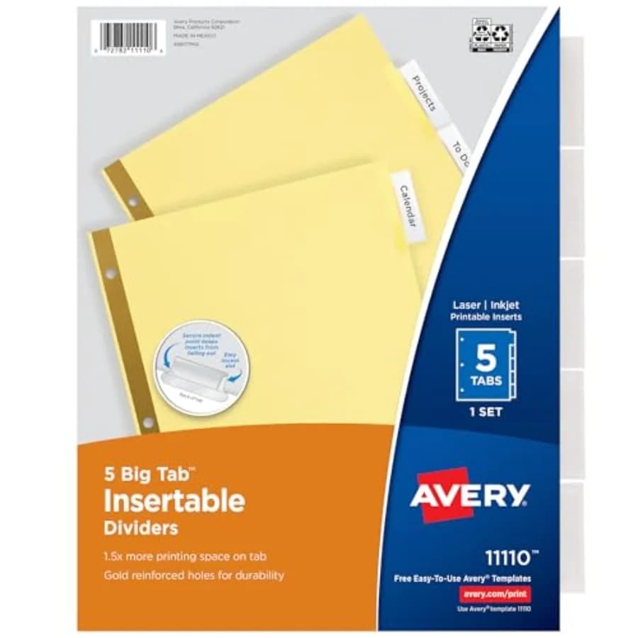 Insertable Dividers for 3 Ring Binder, 5-Tab Set, Clear Big Tabs, Buff Paper with Gold-Reinforced,,Great for Organizing Project