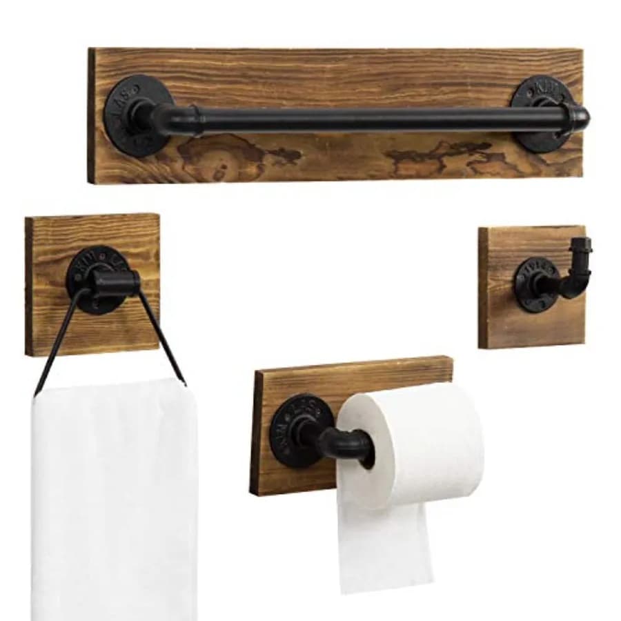 Set di accessori per il bagno da 4 pezzi, porta carta igienica con tubo in metallo nero opaco industriale, include anello portasciugamani, portasciugamani e