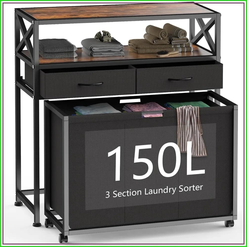 150L 3-Section Rolling Laundry Sorter Cart with Shelves, Drawers & Wheels, Pull-Out Bags for Bedroom, Bathroom, Laundry Room