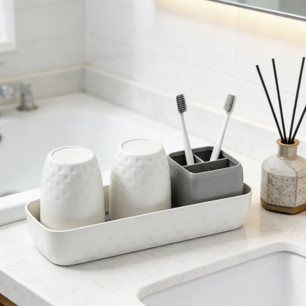Set Portaspazzolini da Appoggio a 3 Scomparti per Organizzazione Bagno, Contenitore per Spazzolini e Dentifricio, Accessori Bagno