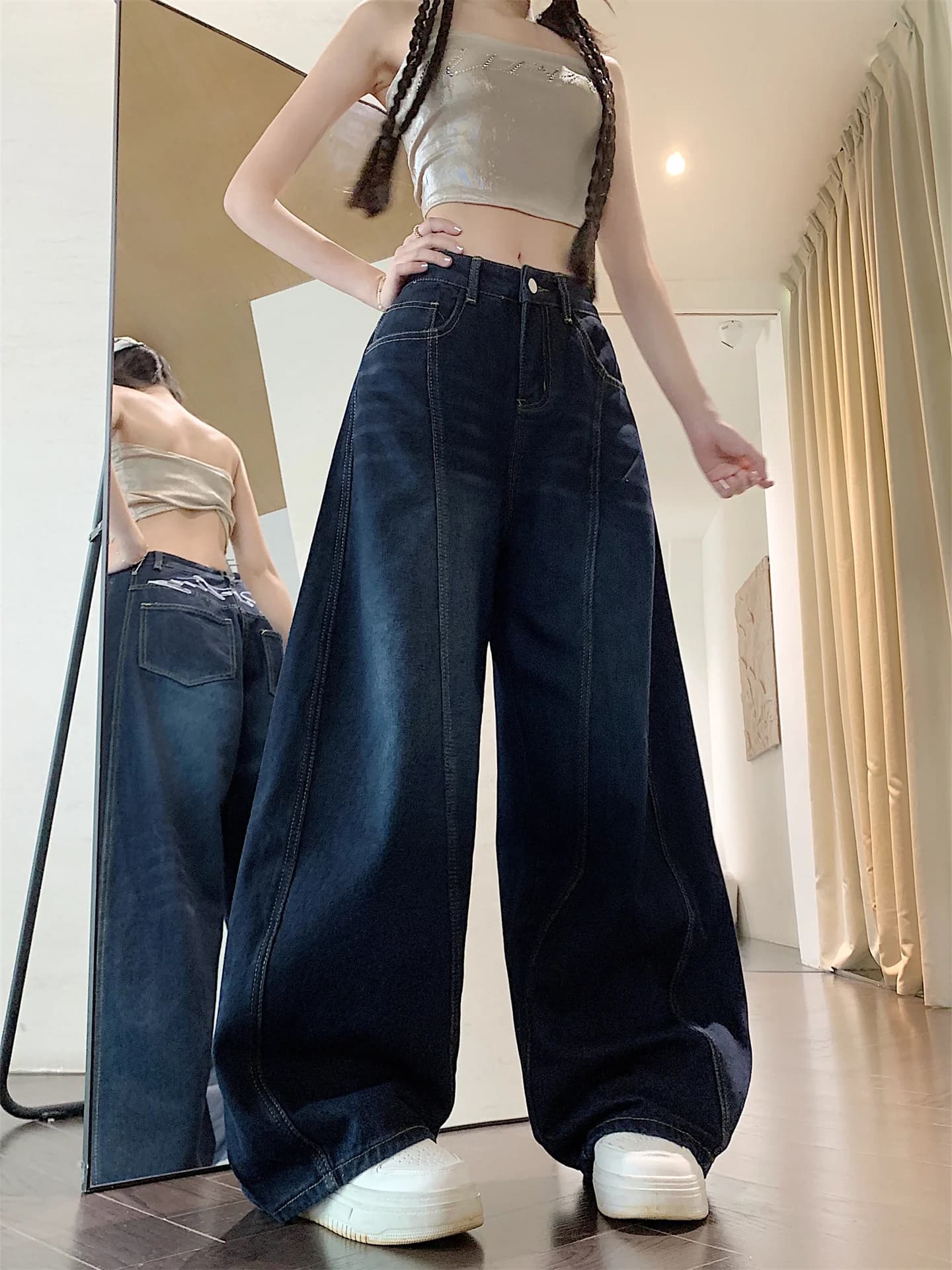 American Style Wide Leg Embroidered Knife Jeans High Street Loose Straight Leg Slimming Lazy Style Floor Length Couples ...