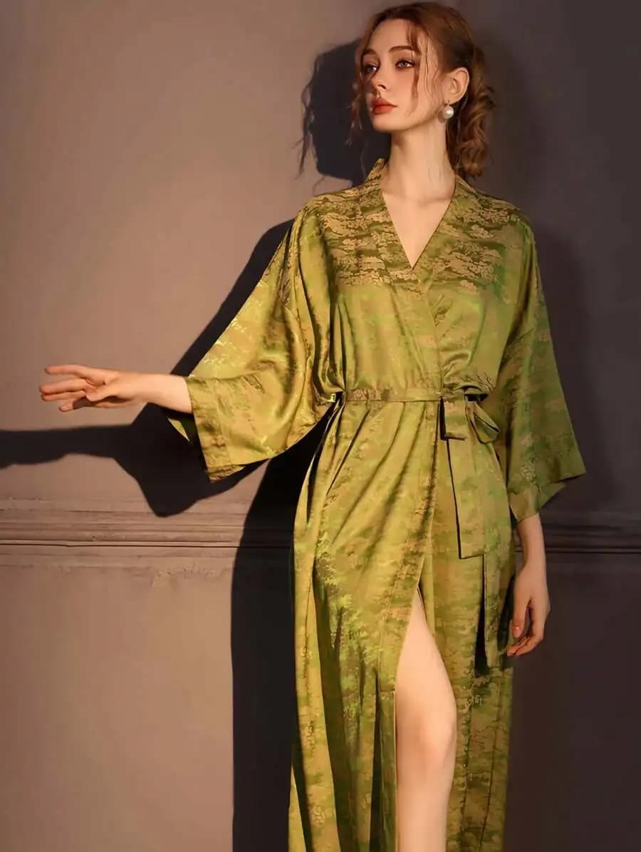 Jacquard Satin Long Robe Women Spring Autumn Loungewear Bathrobe High Slit Elegant Sleepwear