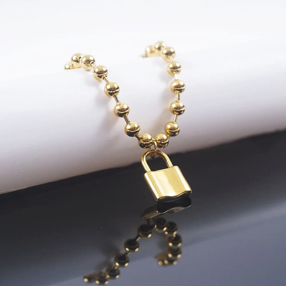 Stainless Steel Padlock Lock Necklaces For Women 6mm Ball Bead Chain Choker Gold/Silver Color Metal Lock Collier Femme