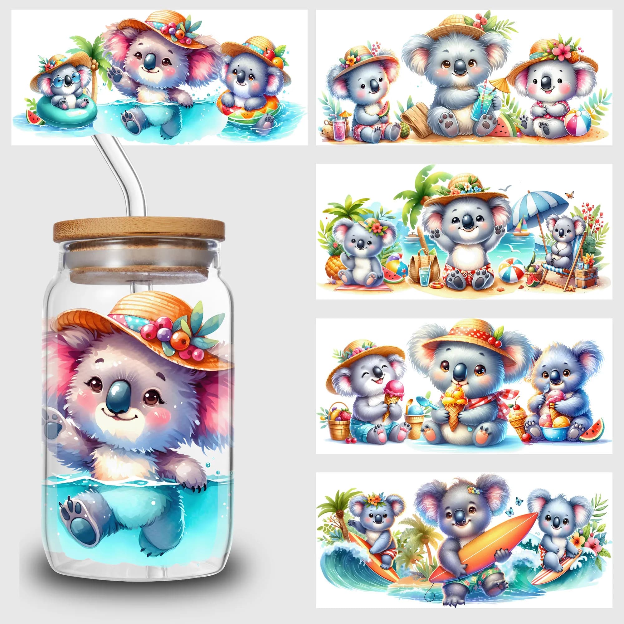 5 sheets Koala UV DTF Cup Pack for 16 oz Glass, Waterproof Hot Summer Beautiful Design UV DTF Stickers for 16 oz Glass, DIY
