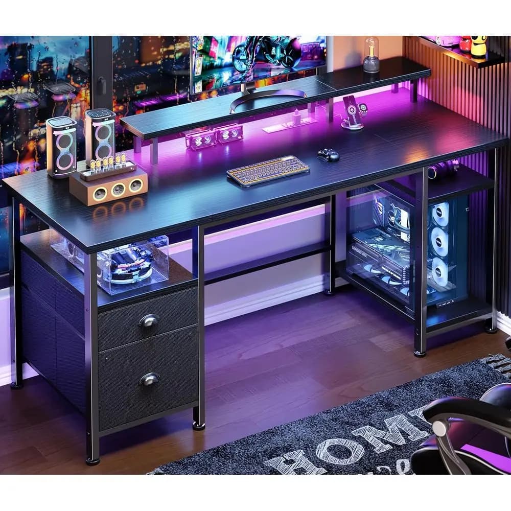 51" Gaming Desk with Power Outlets & LED Lights, Reversible Computer Desk with ile Cabinet & Monitor Stand or Home Oice, Large W