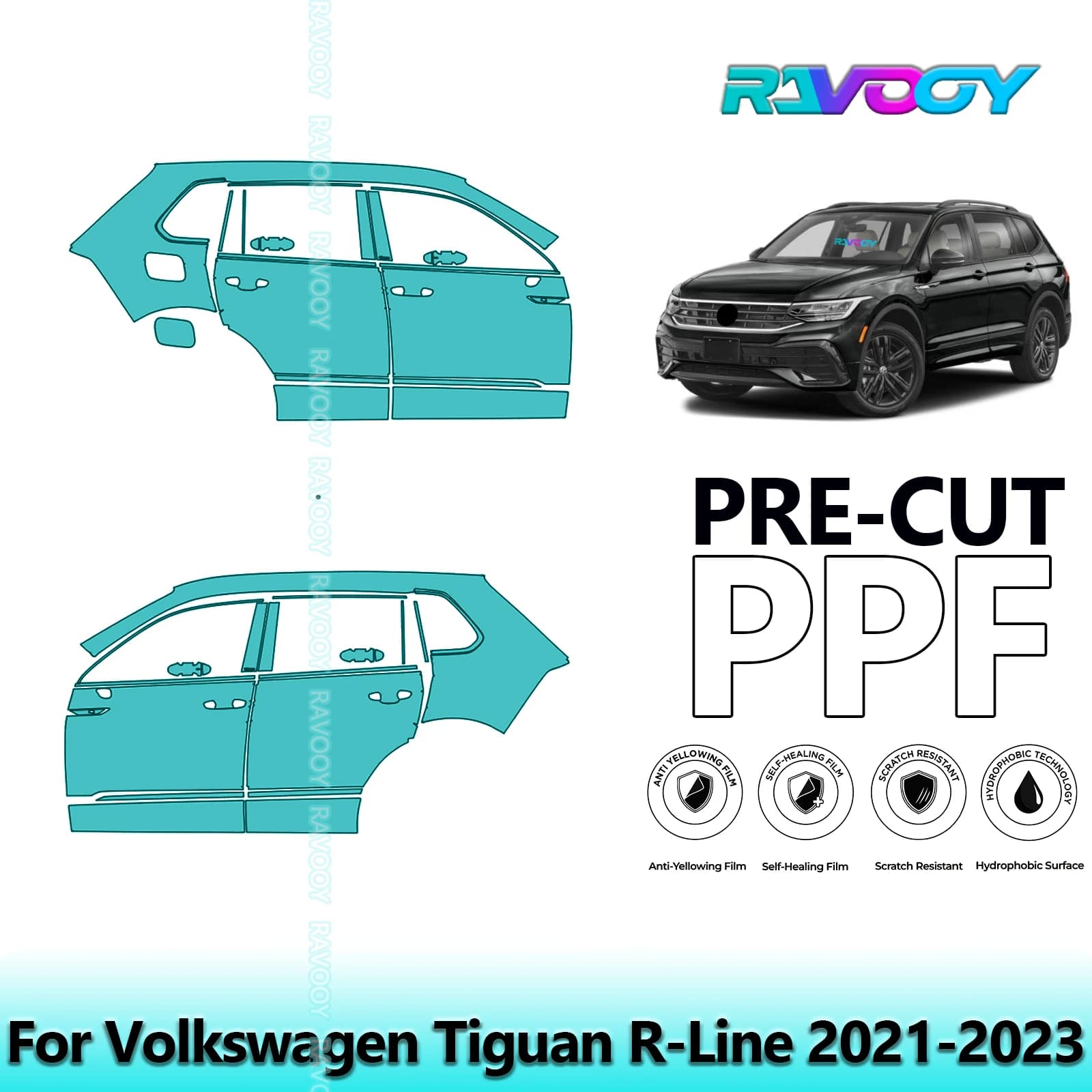 For Volkswagen Tiguan R-Line 2021-2023 8.5mil Transparent Pre-Cut PPF Door and Pillar A/B Kit TPU Paint Protection Film Set