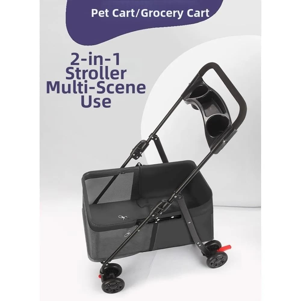 Smooth-Rolling Foldable Pet Stroller Dog & Cat Steel Frame Pet Trolley Carrier Compact Large Capacity Pet Push Cart Outdoor