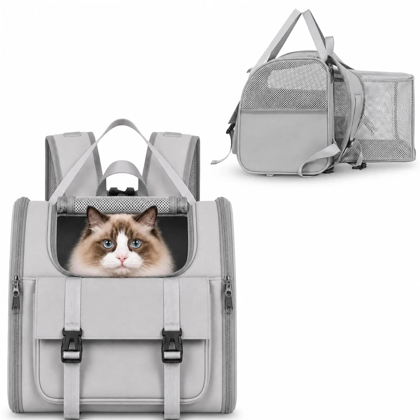 Expandable Cat Backpack Carrier, Breathable Pet Backpack with Large Side Opening for Cats Small Dogs Travel Hiking