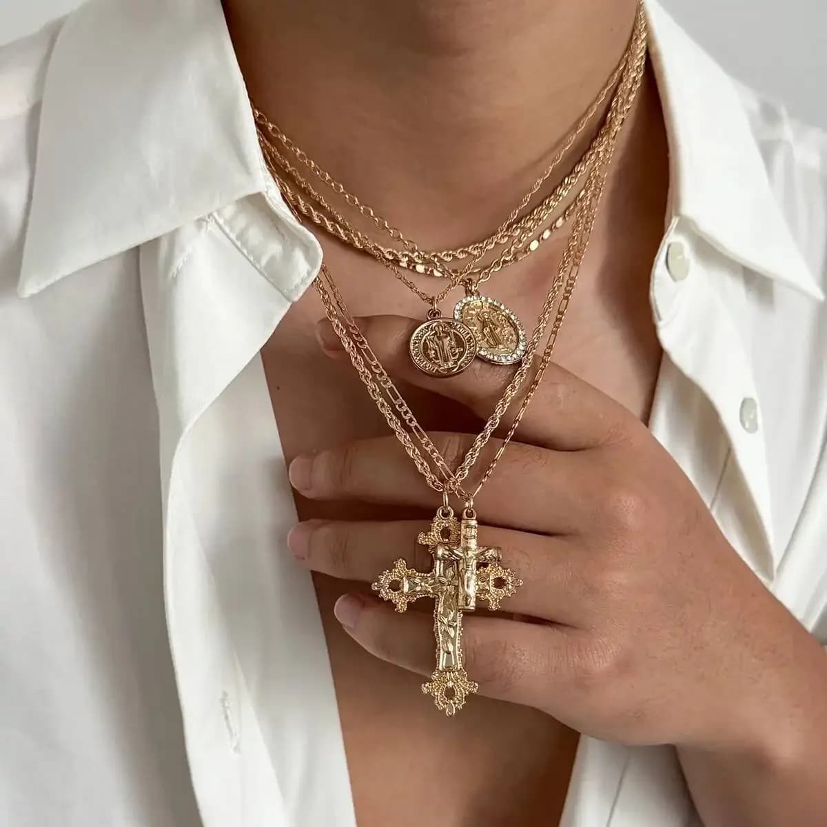 6 Pcs/Set Hip Hop Punk Jesus Cross Pendant Necklace Women Men Trendy Gold Color Adjustable Clavicle Chain Jewelry Gift