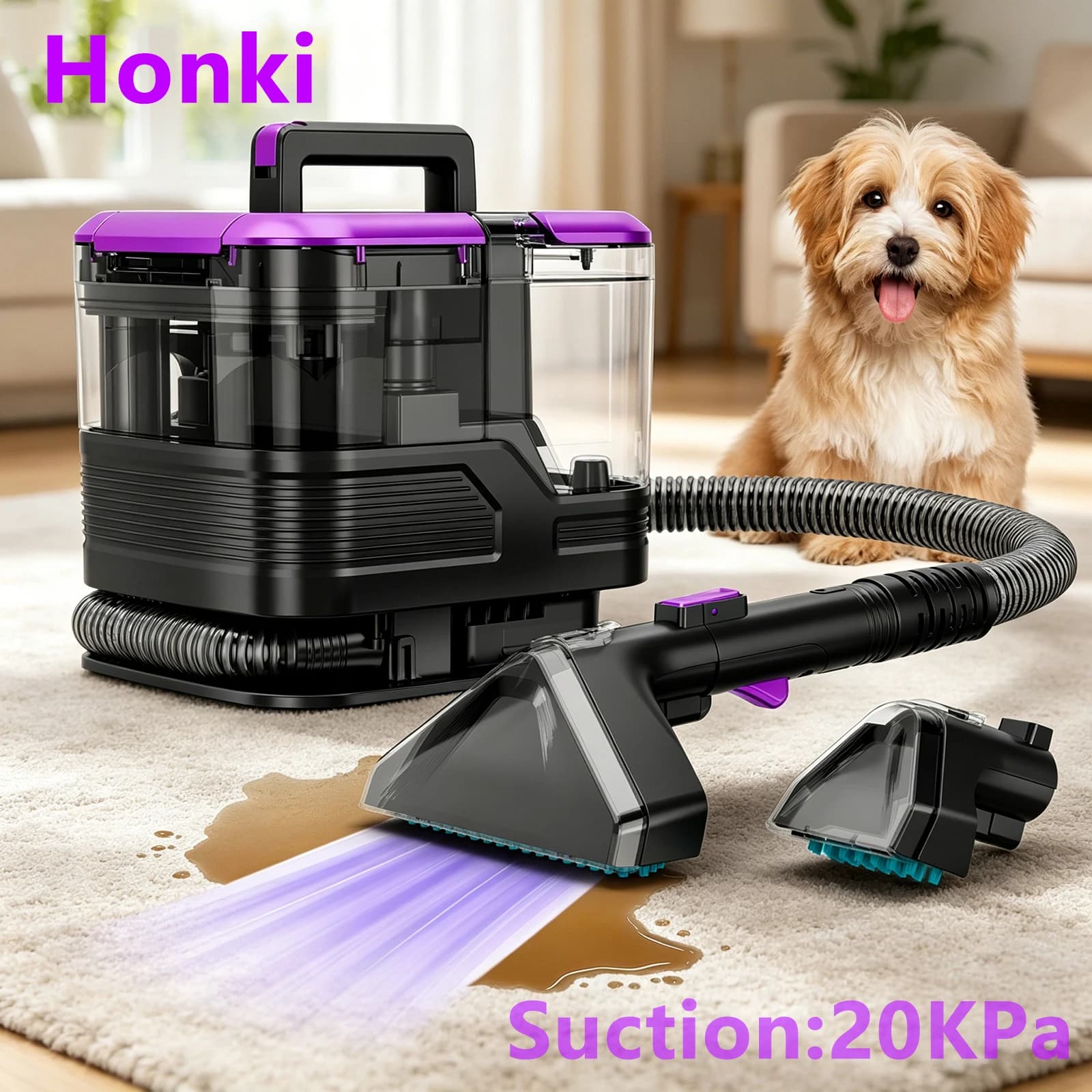 Honki 530W Aspirapolvere per Tappeti 20KPa, Potente Aspirazione, Pulitore Multifunzione Portatile per Peli di Animali Domestici, Tappezzeria, Divani, Tappetini, Letti, Autopulente, a Risparmio Energetico, per Pulizia Profonda a Umido e a Secco