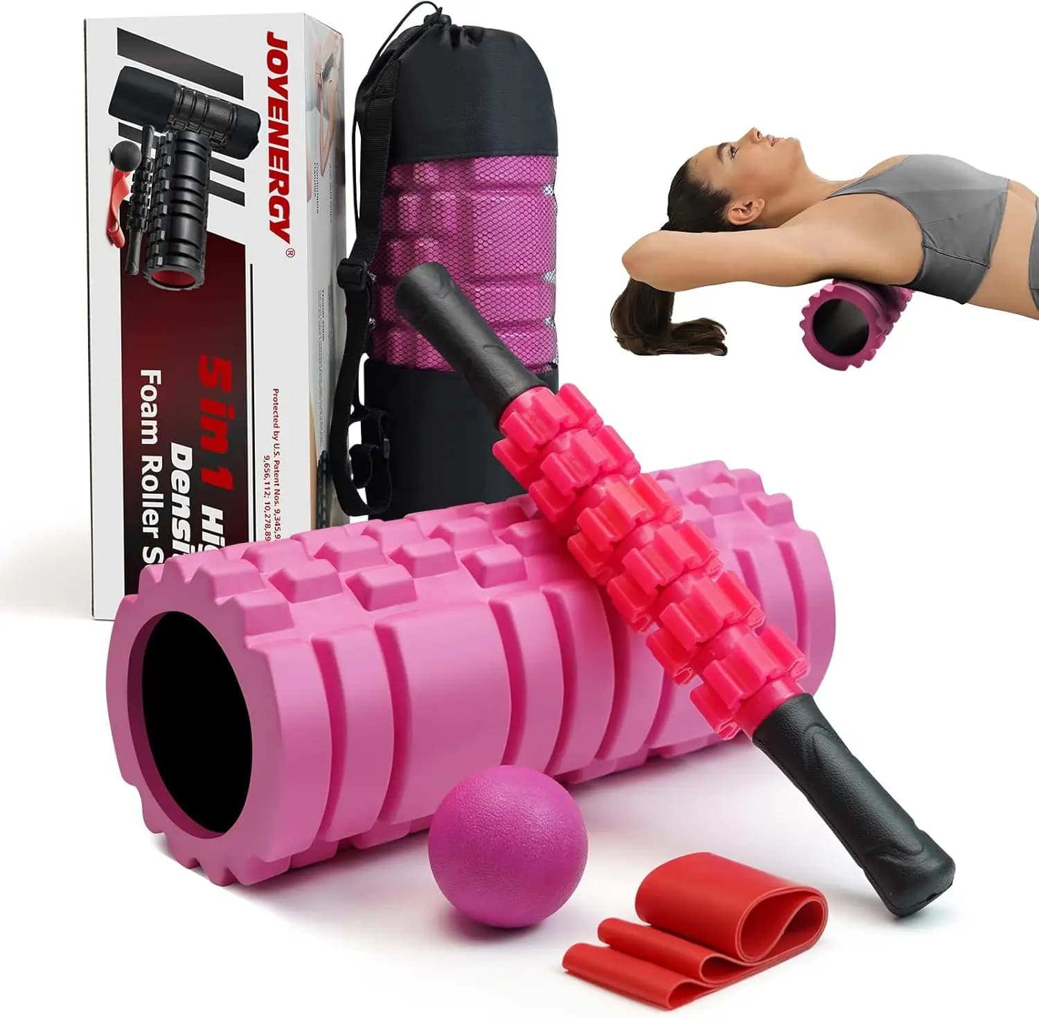 Set 5 in 1 with Foam Roller, Massage Stick, Ball and Resistance Band for the Deep Muscular Release in Pilates, Yoga and Fitness