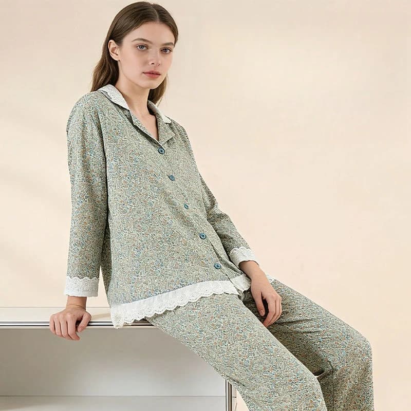 Skin-Friendly A-Grade Cotton Women's Cozy Pajamas Ultra Soft Breathable Floral Lace Collar Button-Front Sleepwear Loungewear Set