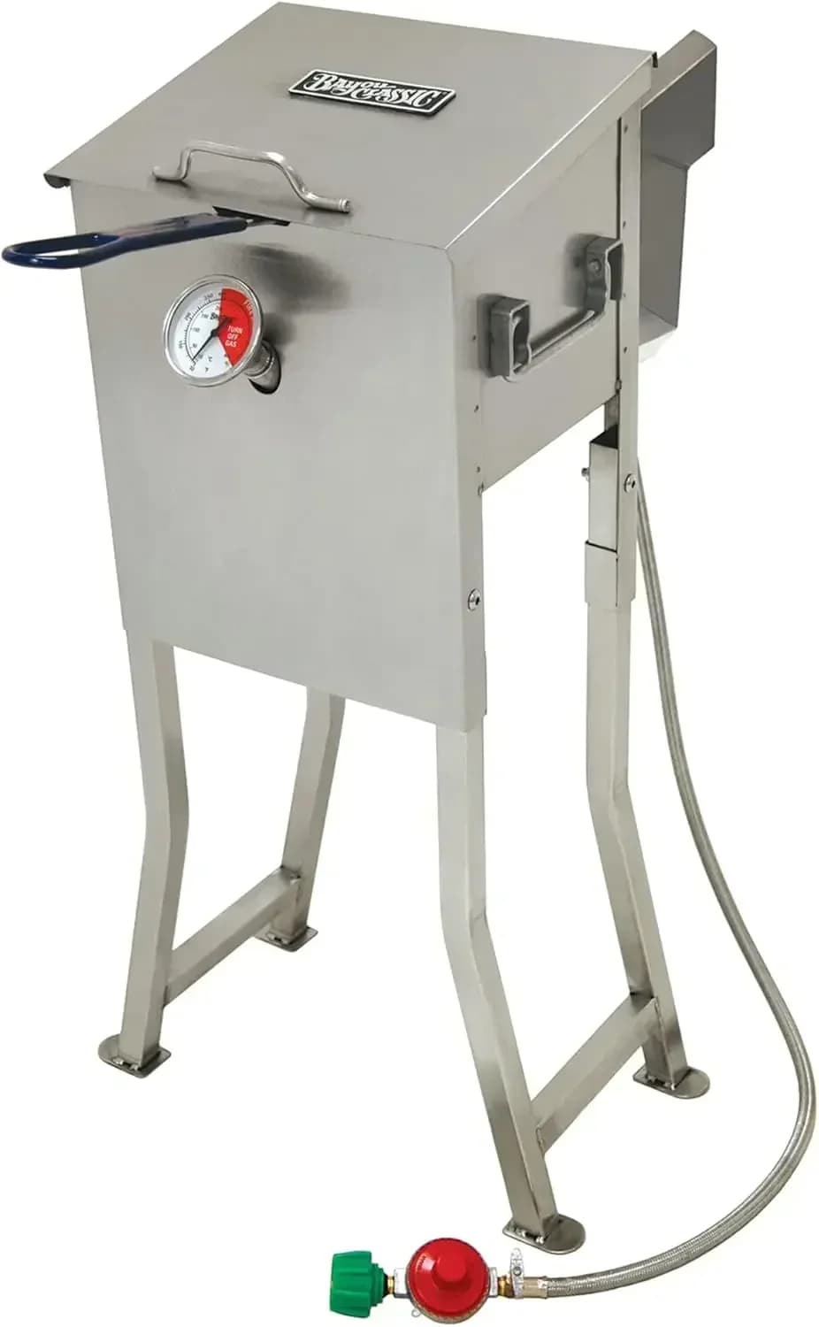 Friggitrice Bayou in acciaio inox da 2,5 galloni (700-725) in offerta, da appoggio o da tavolo, include cestello in rete di acciaio inox, termometro per frittura e valvola di scarico.