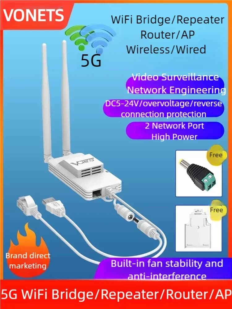 VONETS 5GHz WiFi Bridge Ethernet to WiFi Adapter Repeater Router for DVR PLC IP Camera Monitor Network Devices VAP11S-5G-fan
