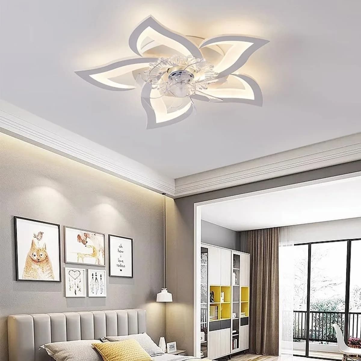 Ventilatore da soffitto moderno a LED con controllo tramite app e telecomando, silenzioso, 6 velocità regolabili, dimmerabile, con funzione timer, plafoniera per soggiorno