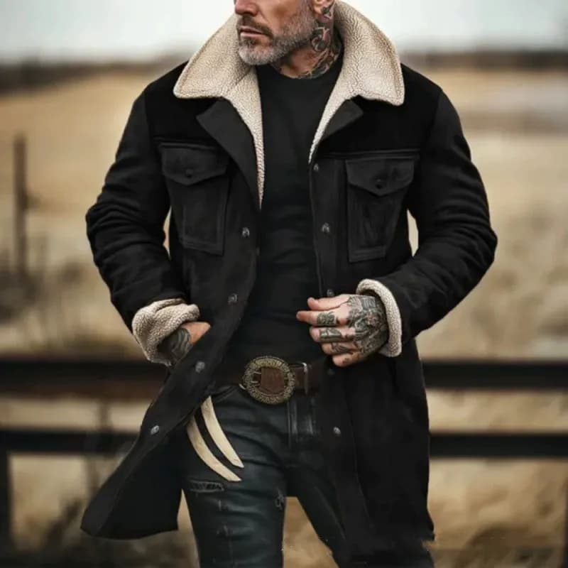 Retro American Men's Jacket Warmth Outerwear Thickened Long Sleeve Flip Collar Fibre Mix Fabric Male Fashion Winter Coat