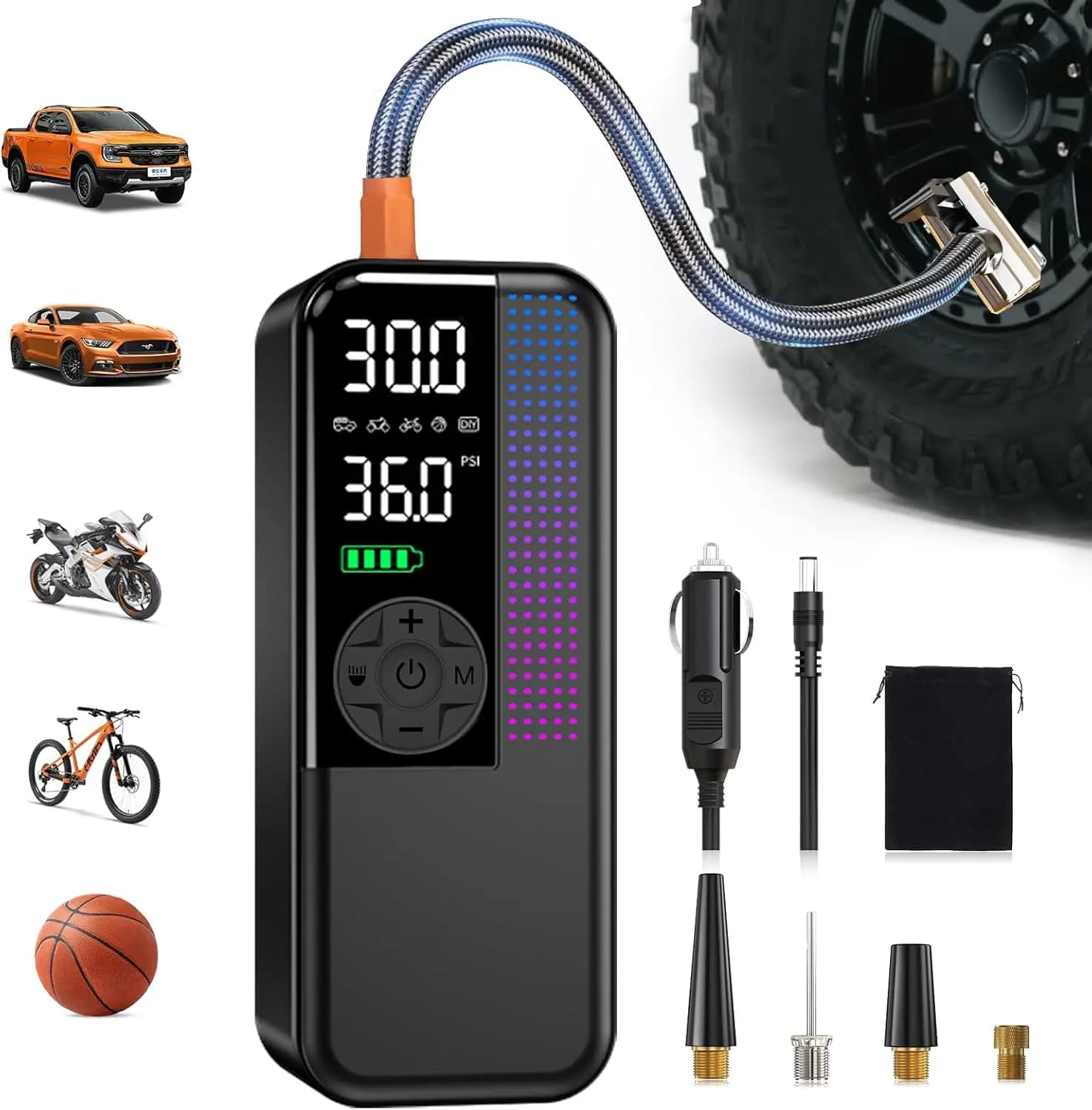 Compressore d'aria portatile, pompa senza fili da 150 PSI con doppia alimentazione, gonfiaggio rapido per auto e biciclette