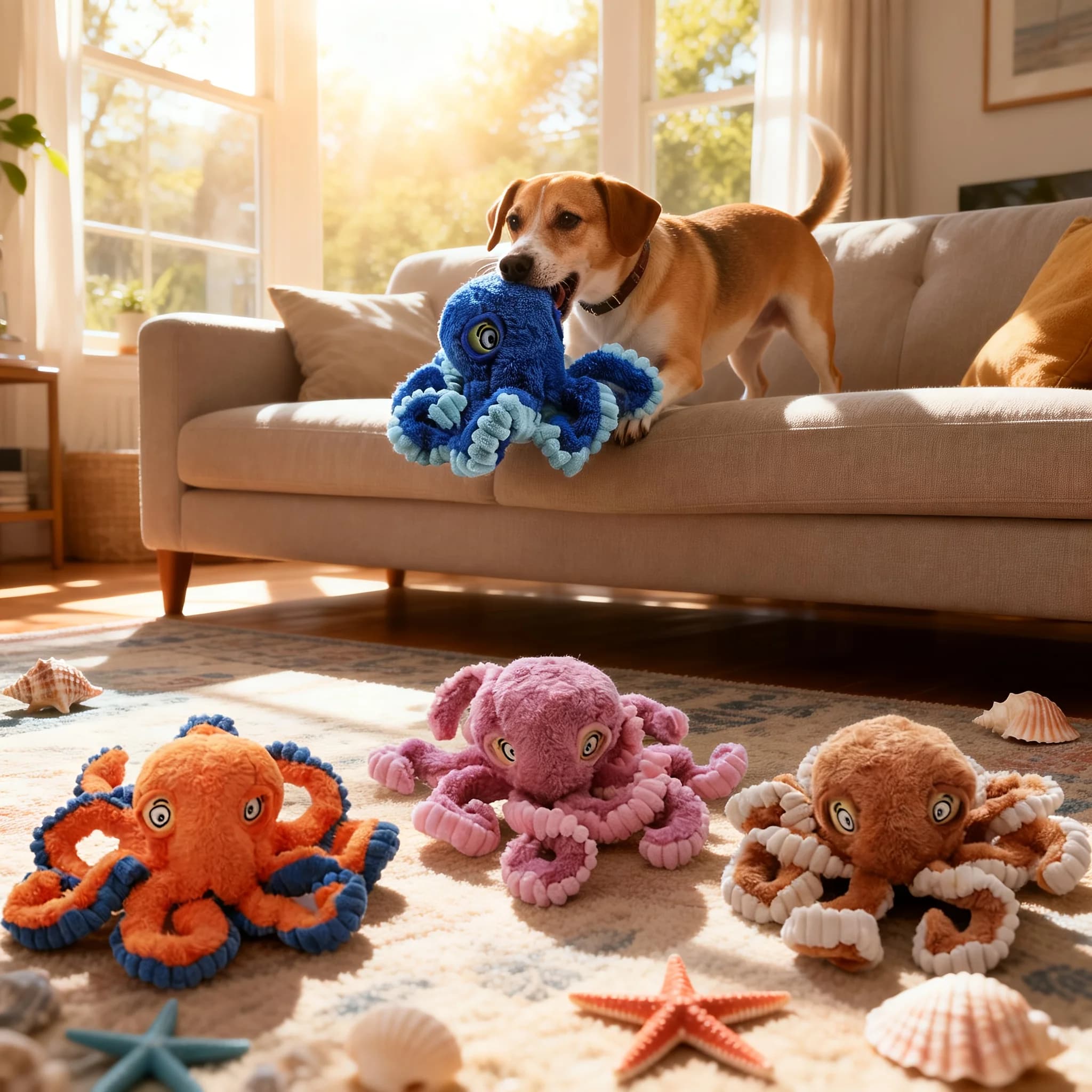4 Pezzi Giocattoli da Masticare per Animali Domestici a Forma di Polpo Oceanico con Carta Sfrigolante e Squeaker, Giocattoli Interattivi in Peluche, Sicuri e Durevoli per i Denti
