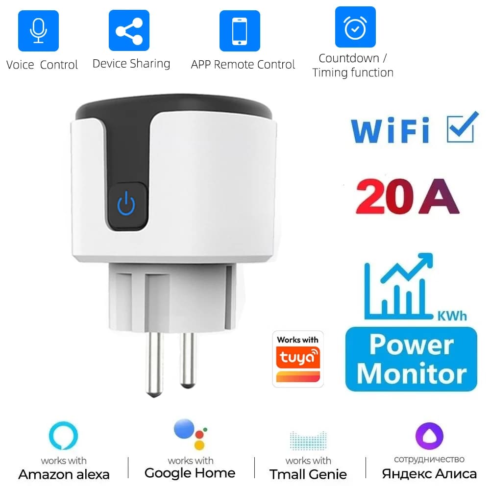 Tuya WiFi Smart Plug 16A/20A Intelligent EU socket with power monitoring timing function Voice control support Alexa Google Home
