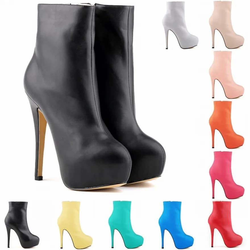 2025 Stivali corti autunnali Donna Nero Rosso Opaco Stivali moda con cerniera in pelle Slim Punta tonda Piattaforma Scarpe da festa con tacco alto da donna