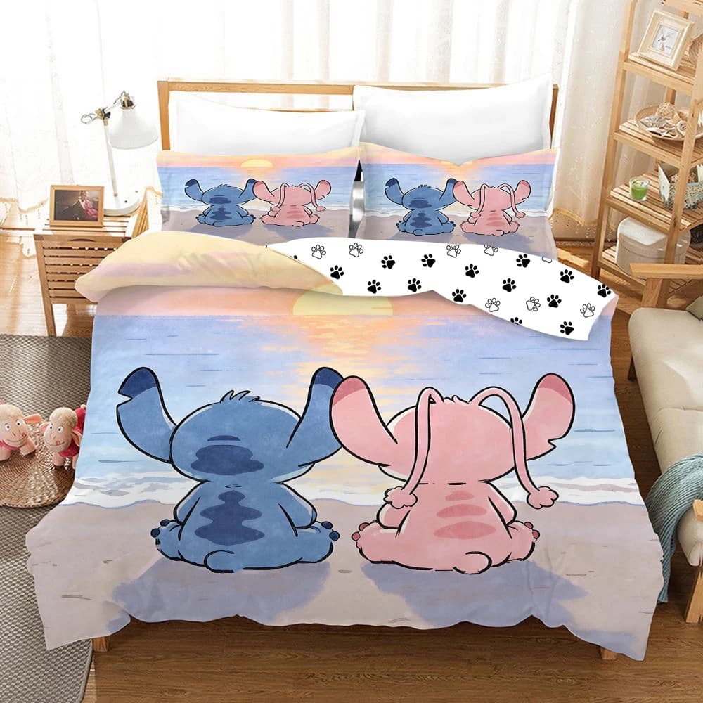 Set Copripiumino e Federe Cartoon Stitch Angel per Coppia, Set Biancheria da Letto Anime Stitch, Singolo, Matrimoniale, Queen, King