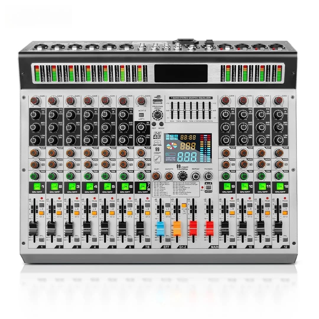 Mixer digitale 12 canali 99 DSP Controller DJ alimentato professionale Console di missaggio audio Mixer audio con Bluetooth USB