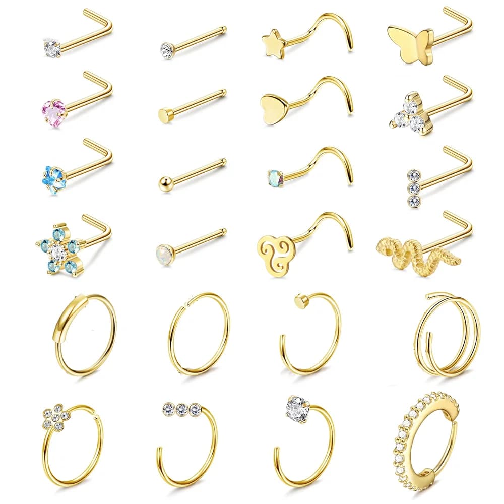 FASACCO 1Pc Surgical Steel Nose Rings for Women Men L Shaped Screw Studs Gold-Plated CZ Nose Rings Hoop Nose Piercing Jewelry