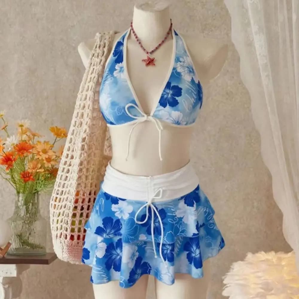 3Pcs/Set Fashion Summer Floral Swimsuit Triangle Halter Elegant Beach Bikini Casual Beachwear Swimwear Beach