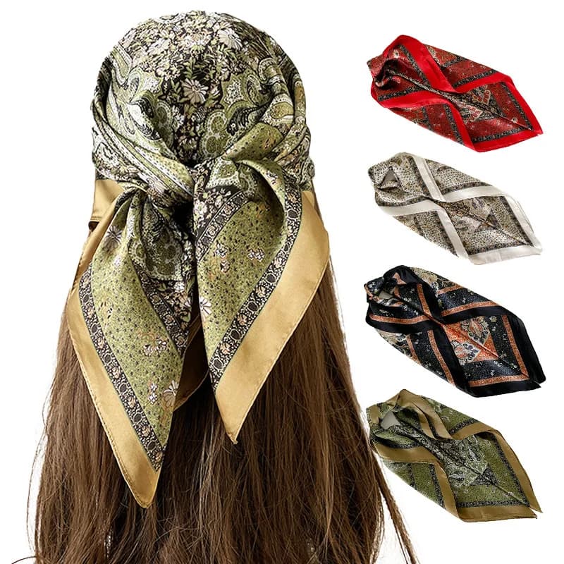 Sciarpa quadrata estiva con motivo floreale a cachemire, sciarpa quadrata protettiva solare 70 cm in raso chiffon, accessorio multifunzionale