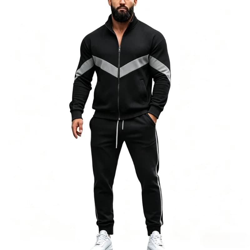 Autumn Patchwork Tracksuit Men 2 Piece Sportswear Sets Sweatsuits Zip Up Coat with Kanga Pocket Sweatpants Joggers Pants Set Man