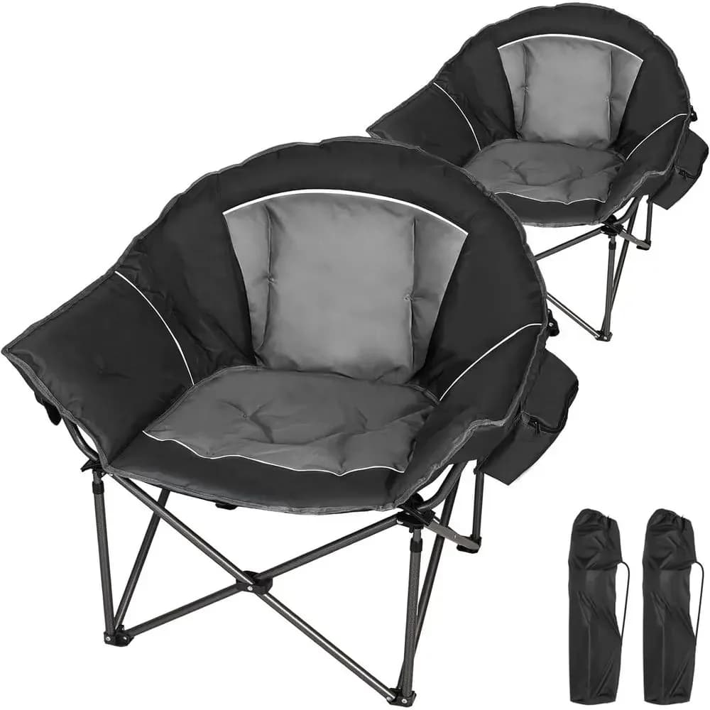 Oversized XXL Padded Camping Chairs for Adults, 500lbs Capacity, Thick Cushion Comfort, with Cooler and Side Pockets, Black